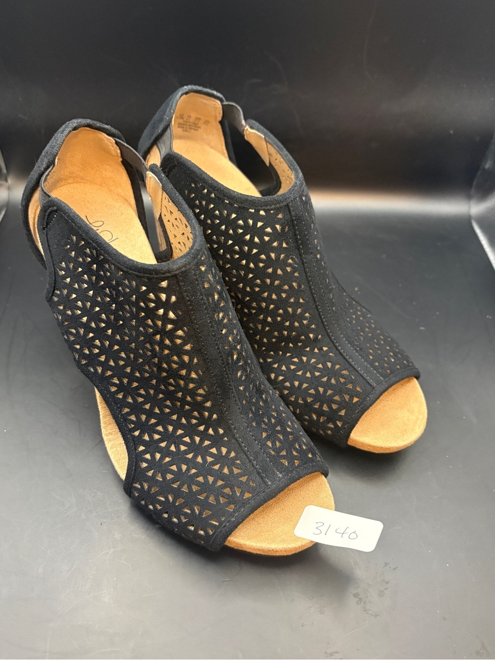 LifeStride Black Laser-Cut Open-Toe Heels -EUC - Size 7.5